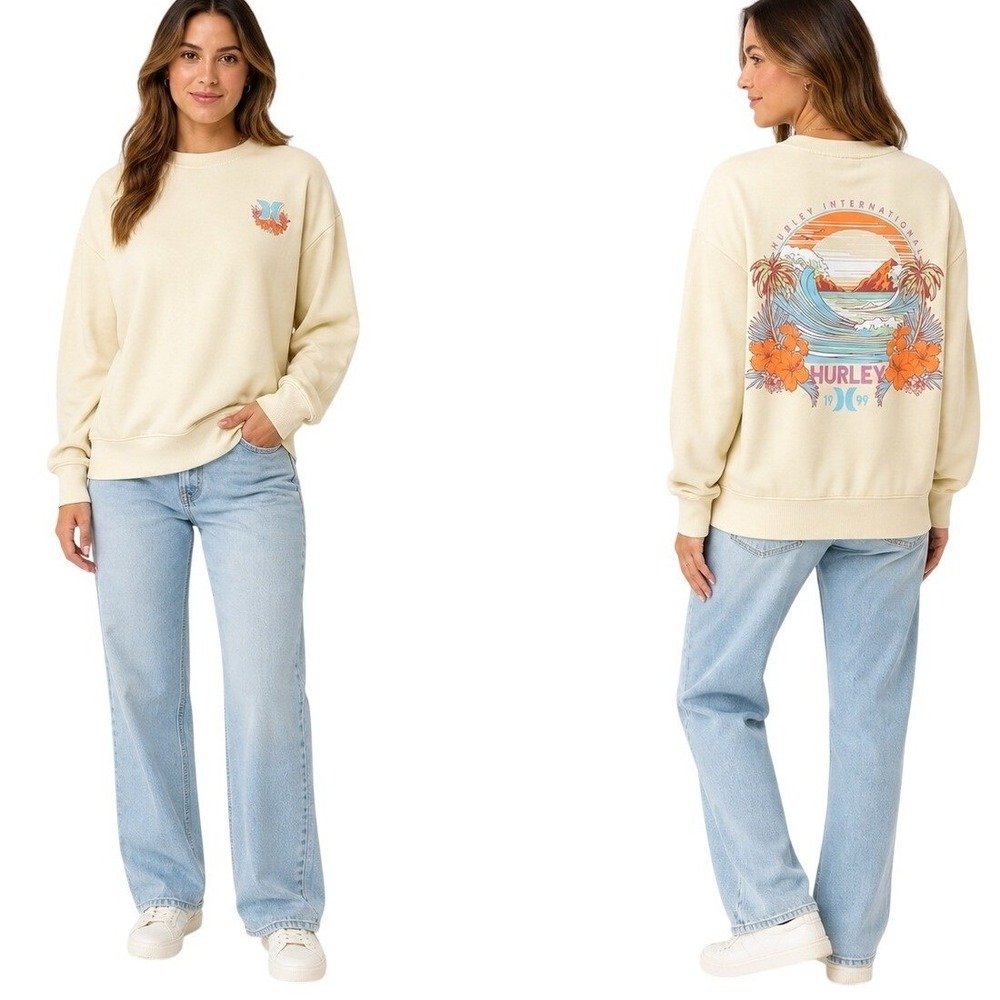 Hurley Women's Crewneck Long Sleeve Graphic Printed Pullover Sweatshirt Sz Large